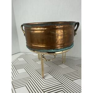 Antique Copper Bronze Iron Pot With Stand MCM Art Decor Plant Stand